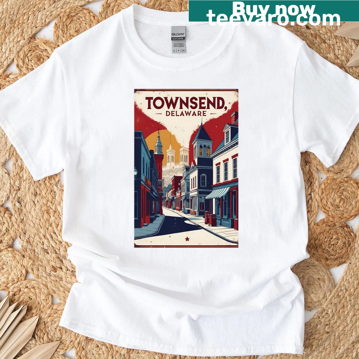 Vintage travel tourism T-shirt featuring Townsend, Delaware design — on a men's t-shirt