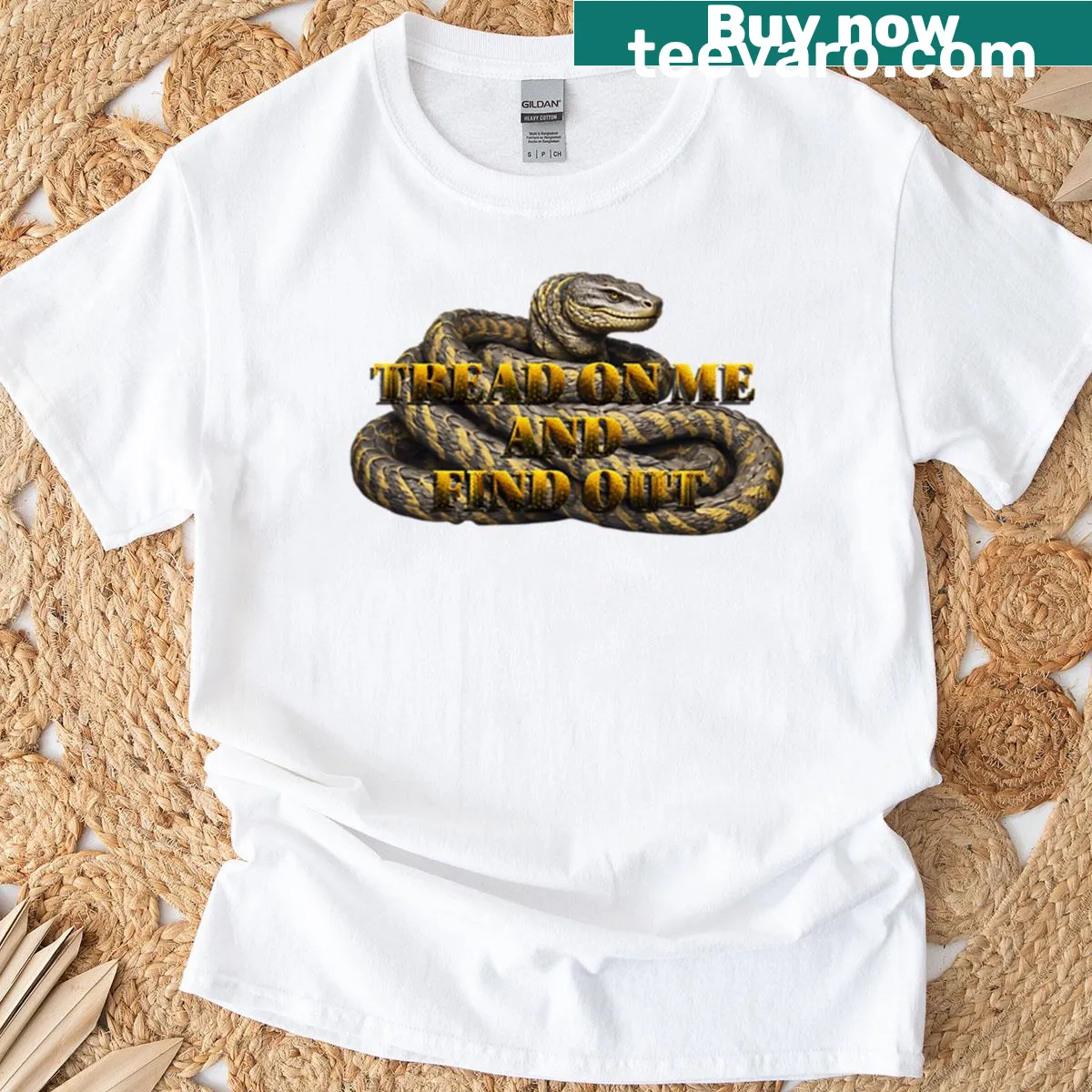 Gadsden flag design with rattlesnake text — on a men's t-shirt