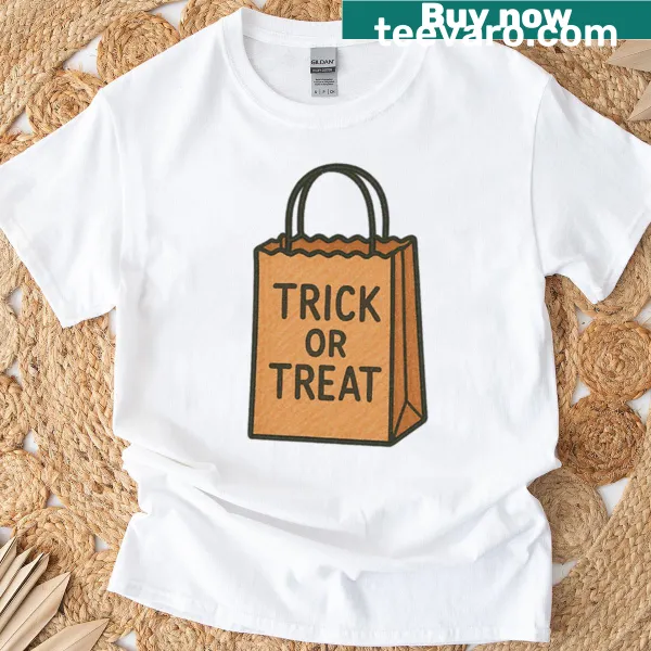 Cartoon illustration of a trick-or-treat bag on T-shirt