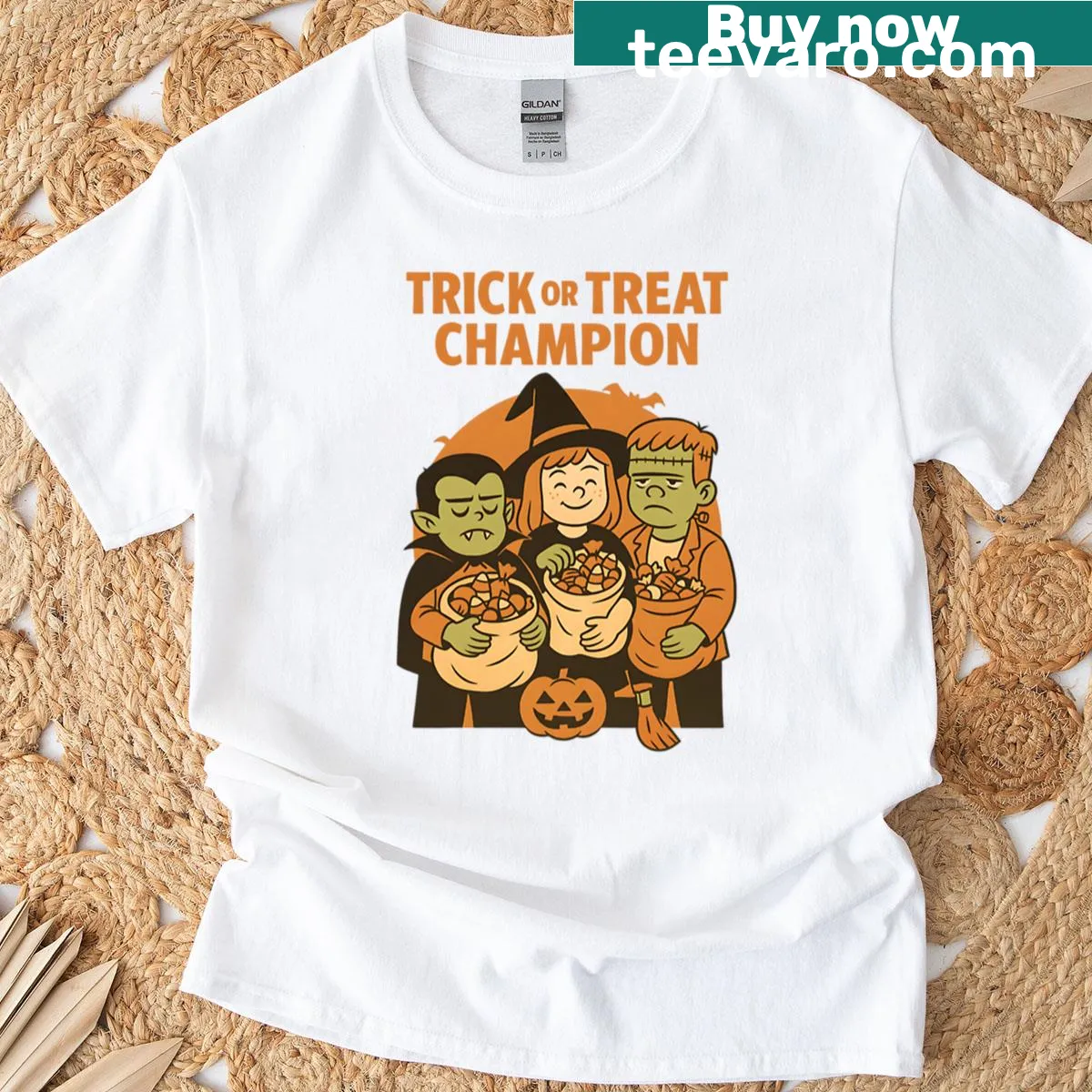 Cute Halloween T-shirt with candy design and Trick Or Treat Champion text. — on a men's t-shirt