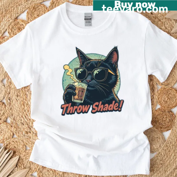 Cartoon graphic of a black cat on oversized t-shirt