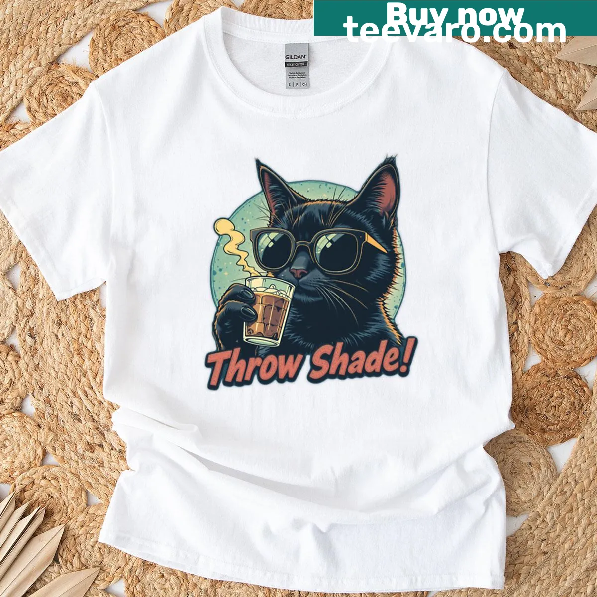 Cartoon graphic of a black cat on oversized t-shirt — on a men's t-shirt