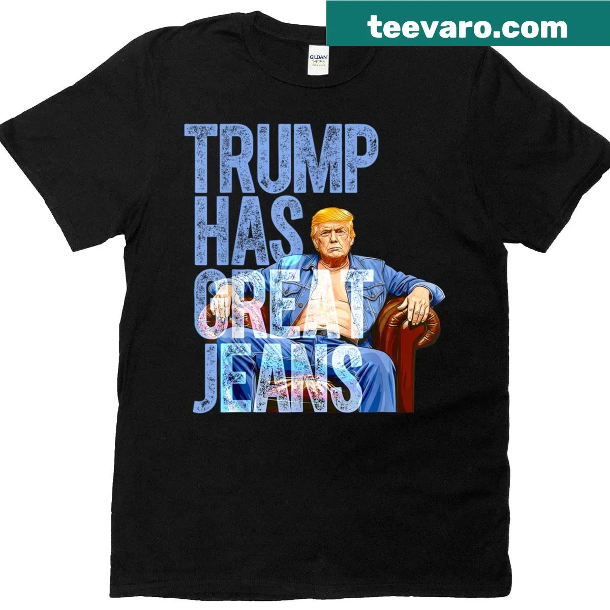 Funny political meme t-shirt featuring Trump with jeans — on a men's t-shirt