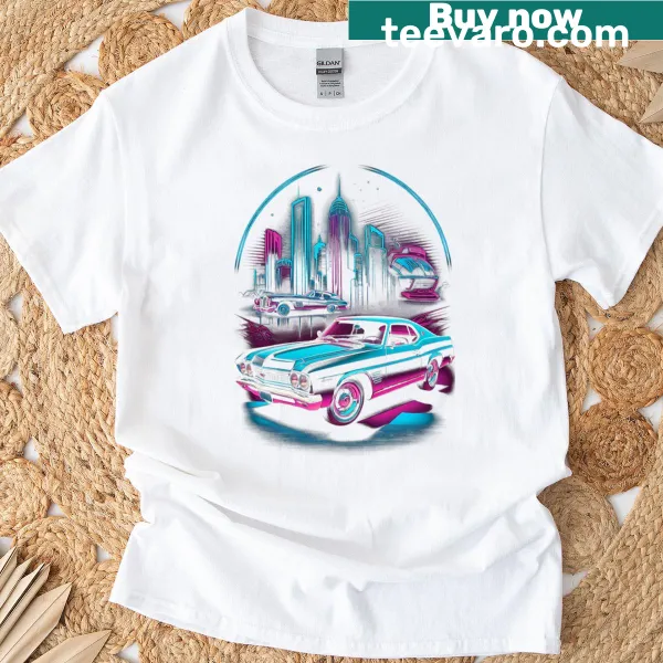 Twin vintage cars illustrated in a cityscape on an oversized T-shirt