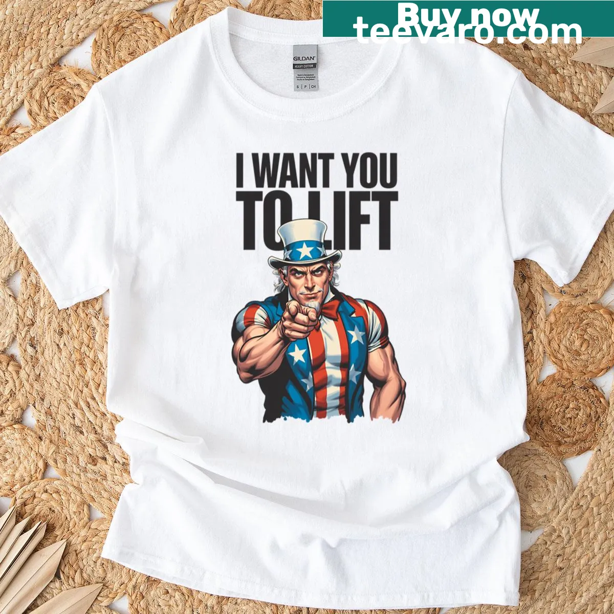 Illustration of muscular Uncle Sam with a dumbbell on T-shirt — on a men's t-shirt