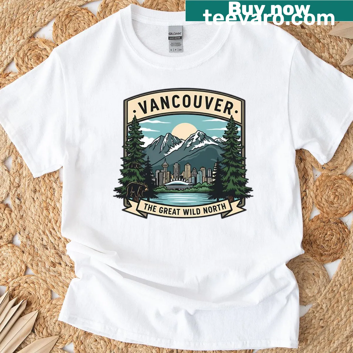 Vintage adventure emblem of Vancouver on oversized T-shirt — on a men's t-shirt