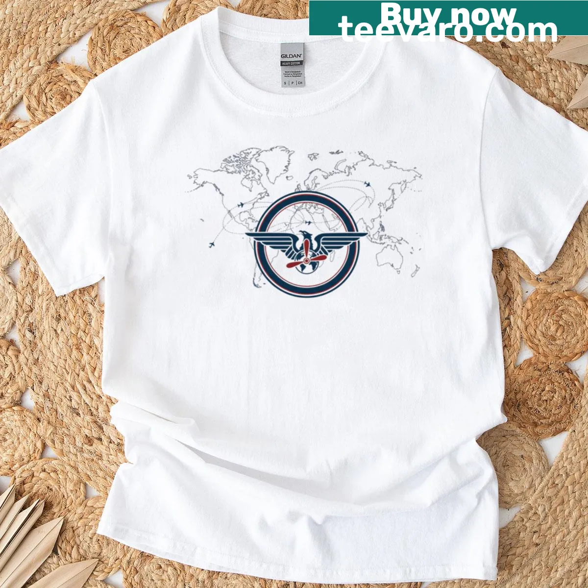 Vintage aviation badge design with flight route map t-shirt — on a men's t-shirt