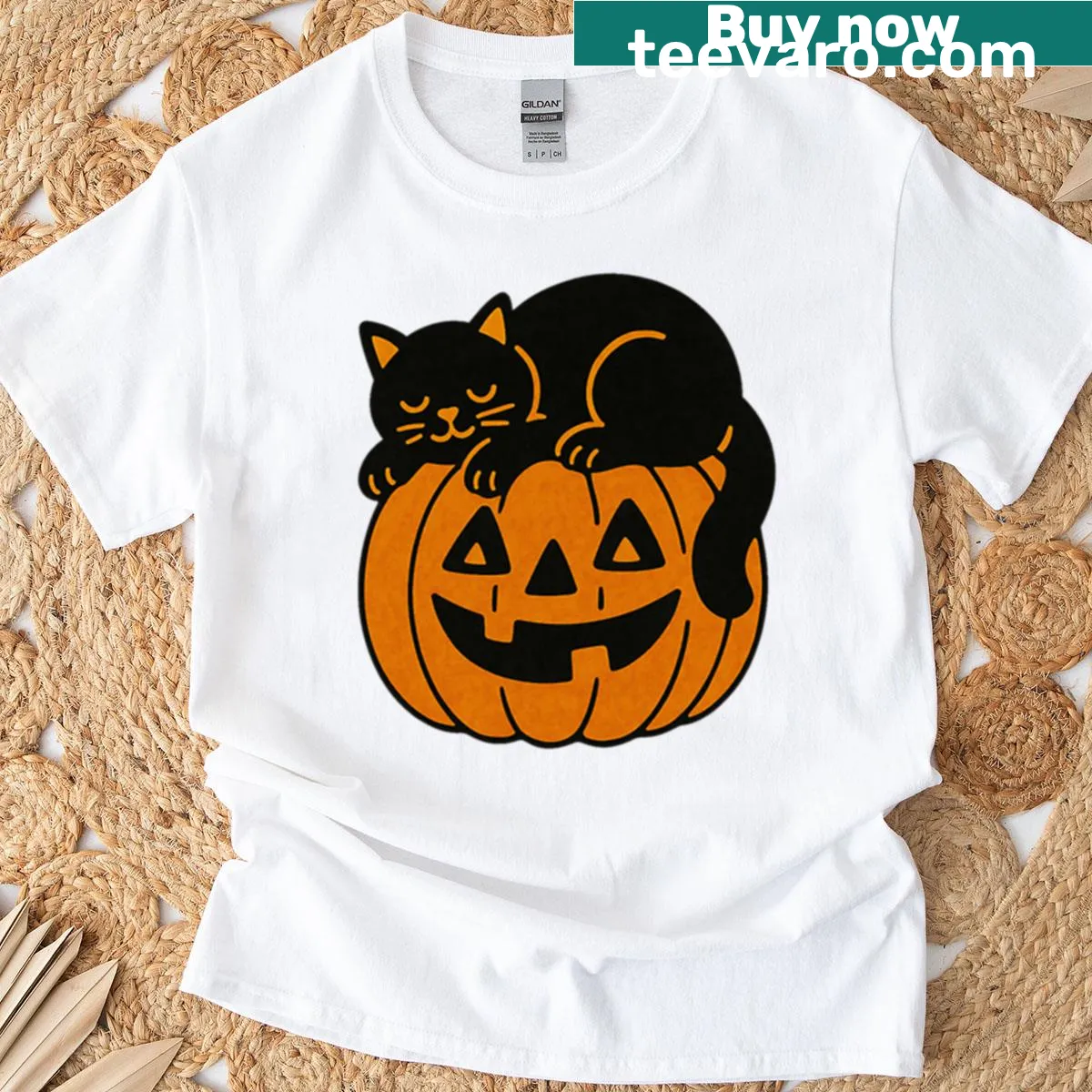Vintage black cat on a jack o' lantern T-shirt design for Halloween — on a men's t-shirt