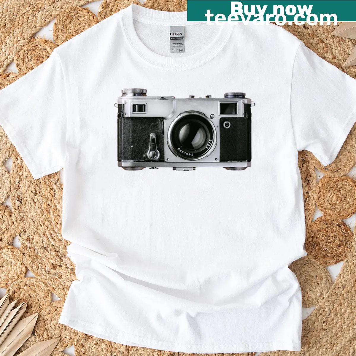 Vintage camera graphic on a black and white T-shirt — on a men's t-shirt