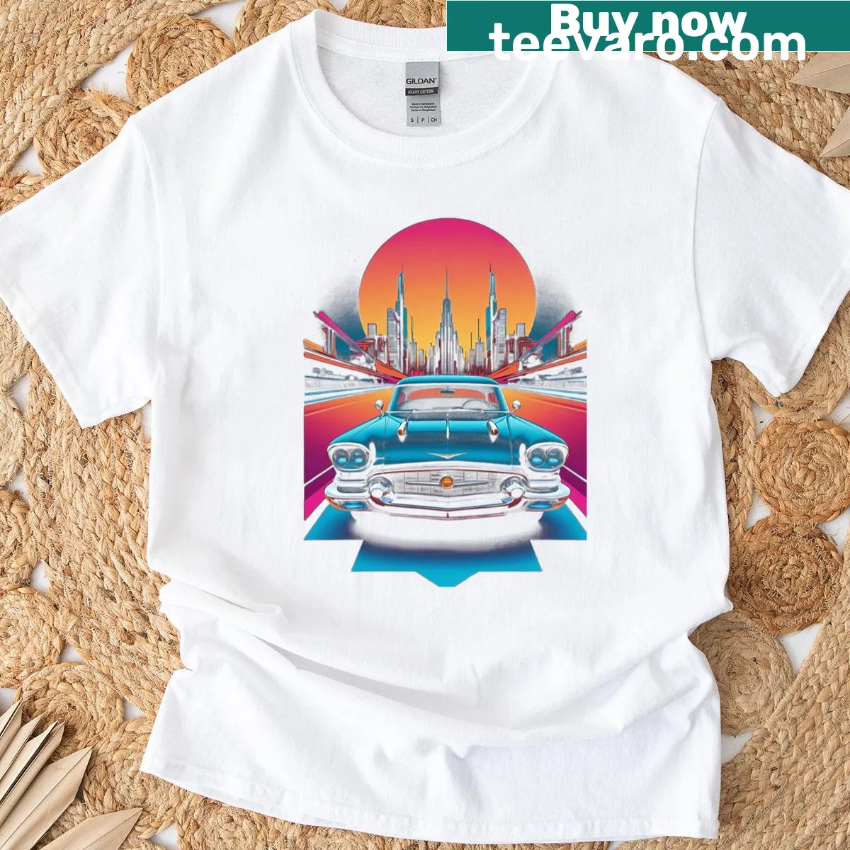 Vintage t-shirt featuring a city sunset ride — on a men's t-shirt
