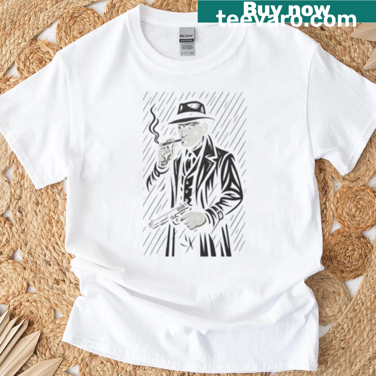 Vintage gangster t-shirt with retro crime art design — on a men's t-shirt