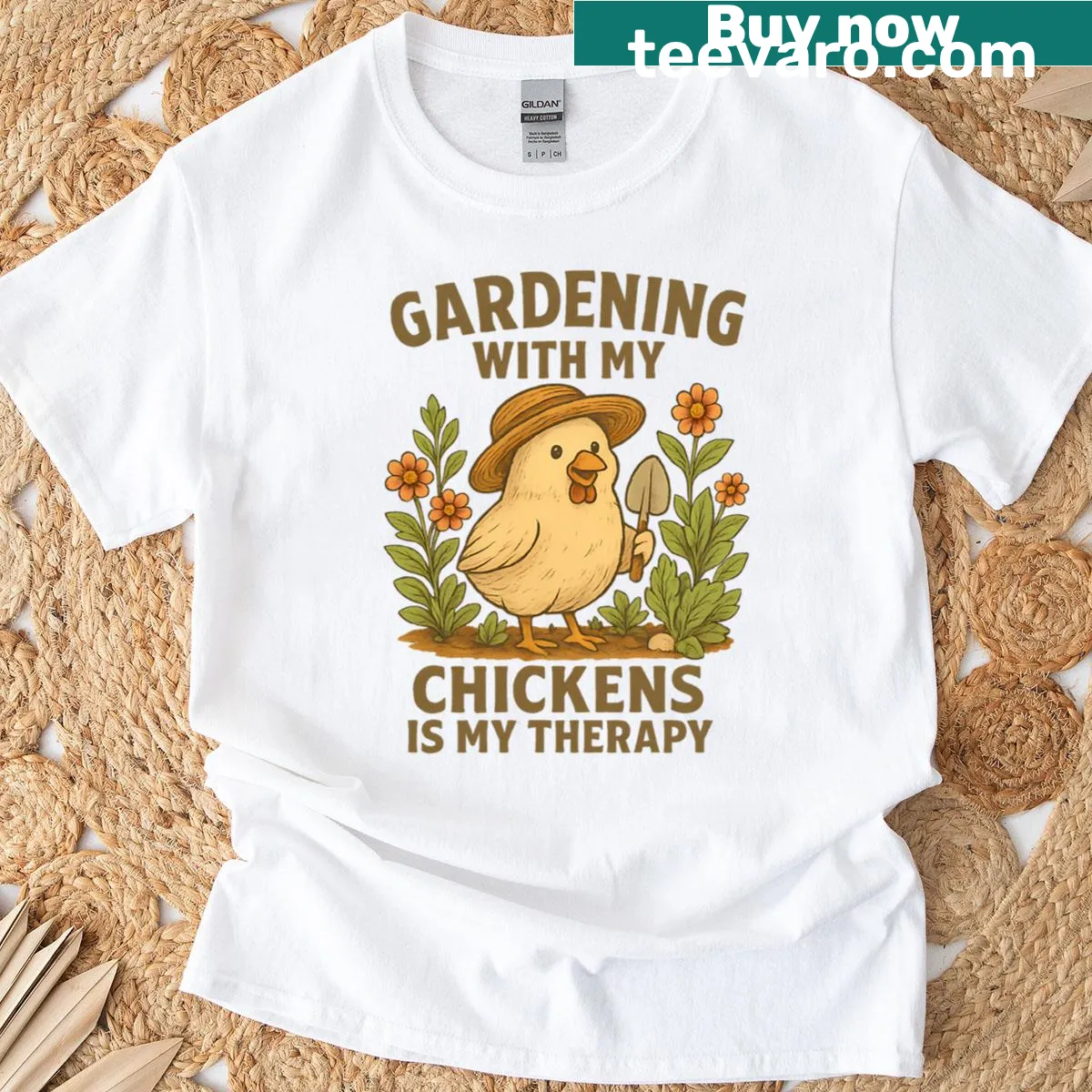 Funny farmer life T-shirt with gardening and chickens graphic — on a men's t-shirt