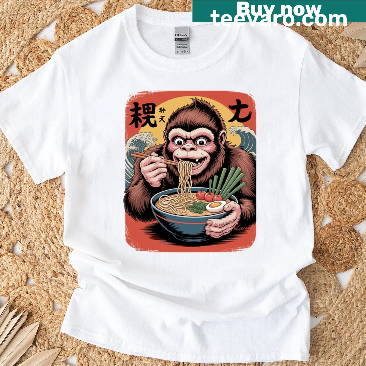 Vintage T-shirt featuring Bigfoot eating ramen and Great Wave — on a men's t-shirt