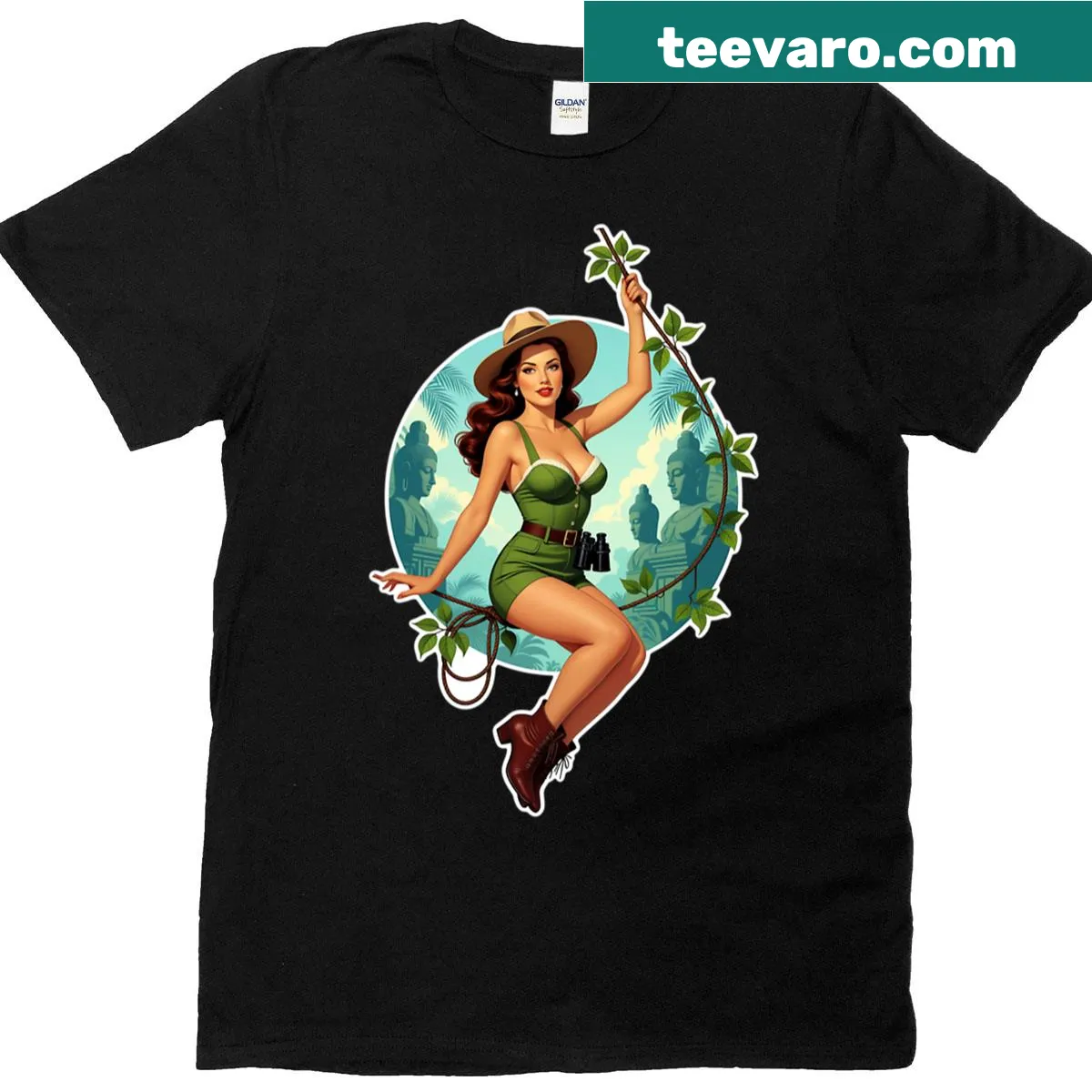 Retro pinup explorer design on vintage distressed t-shirt — on a men's t-shirt