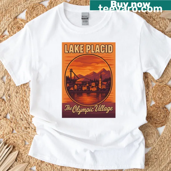 Vintage Lake Placid cityscape t-shirt with retro sunset design