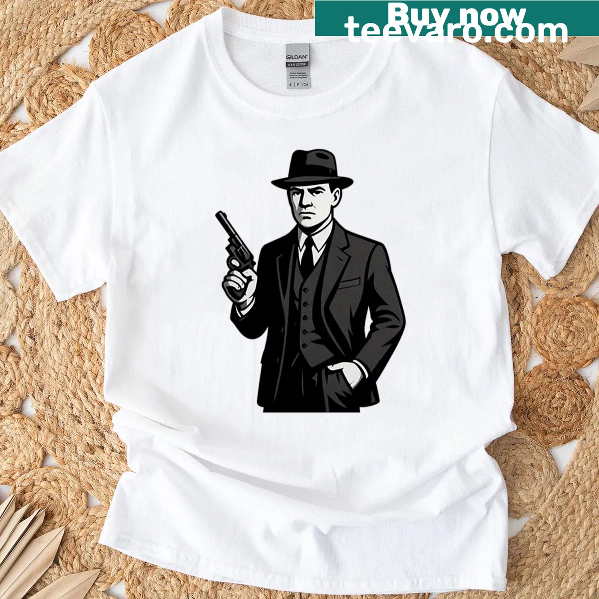 Vintage mobster graphic on a distressed T-shirt — on a men's t-shirt