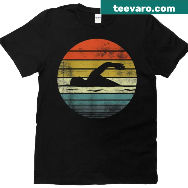 Silhouette of a swimmer and retro sunset design on t-shirt