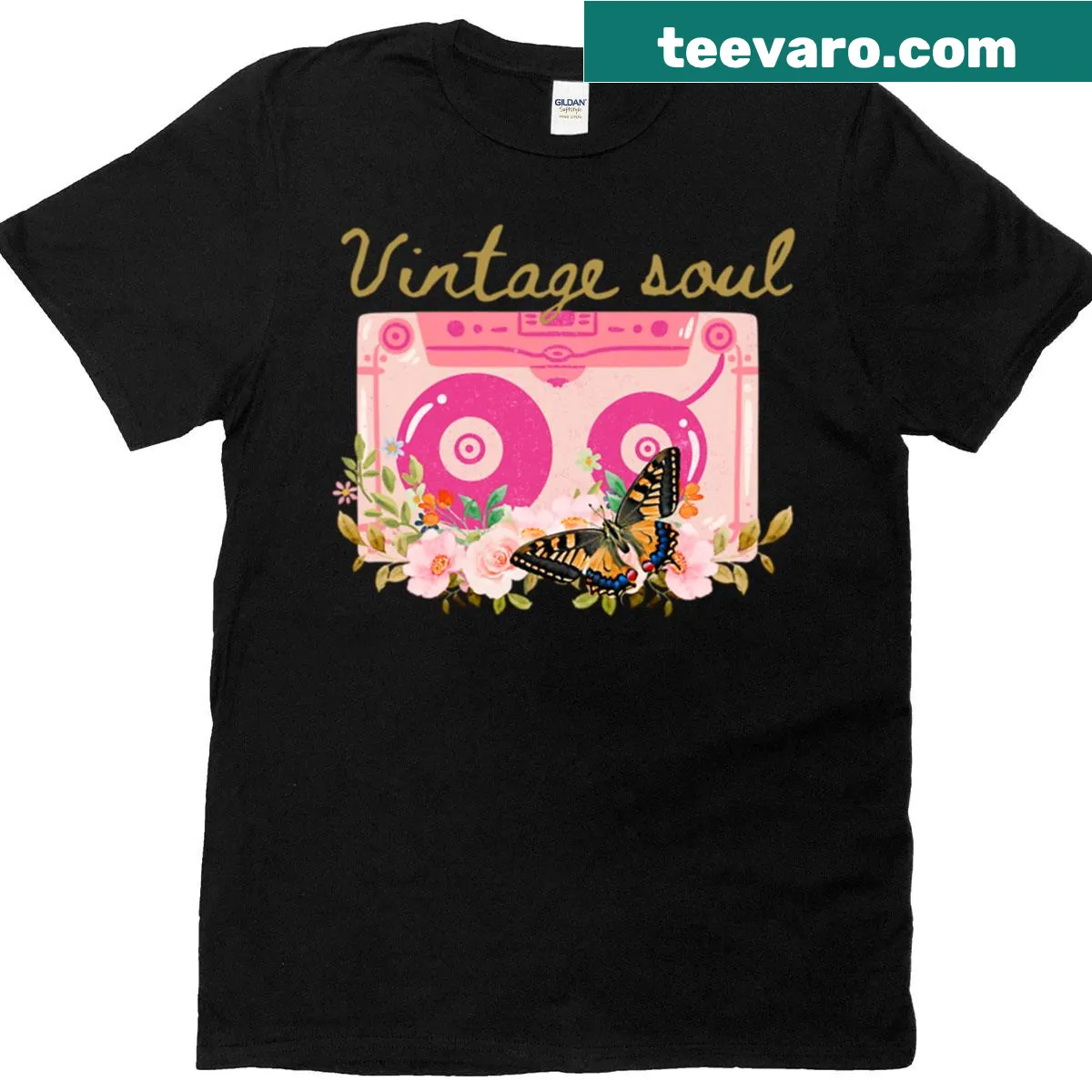 Vintage cassette T-shirt with floral and butterfly design — on a men's t-shirt