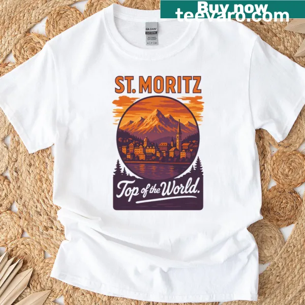 Vintage distressed St. Moritz cityscape T-shirt with sunset art