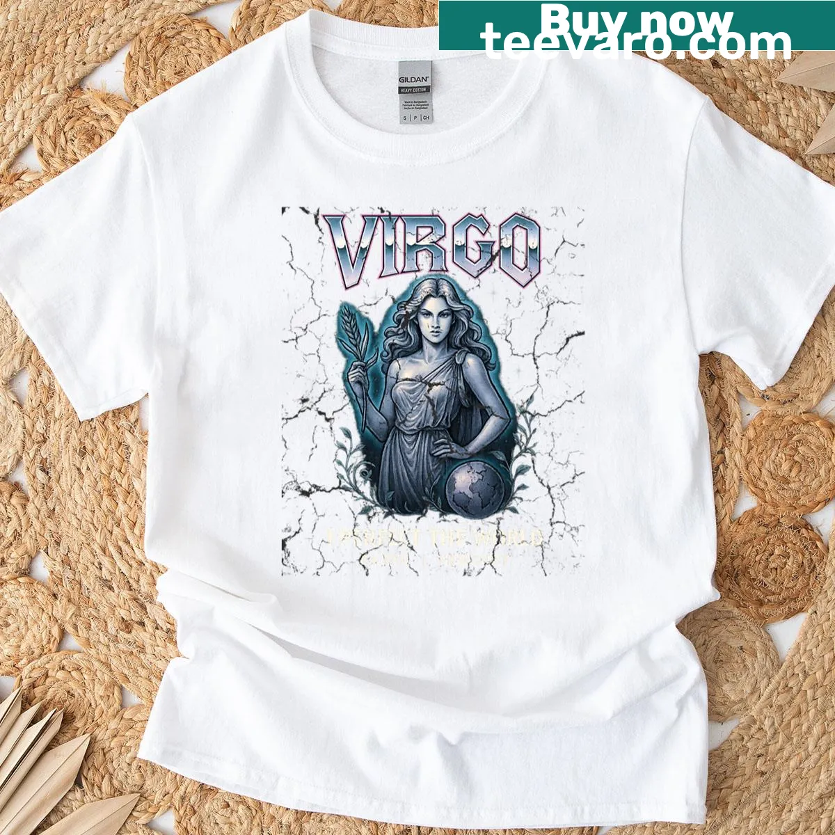 Zodiac-themed T-shirt with 80s rock band design for Virgo. — on a men's t-shirt