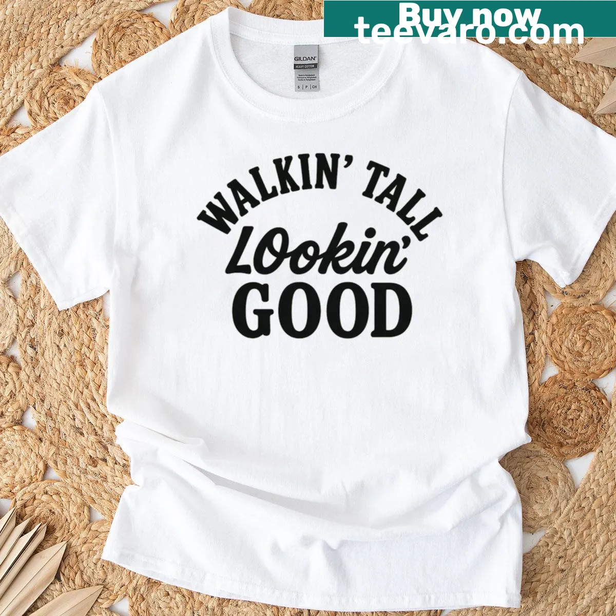 Retro t-shirt with 'Walkin Tall Lookin Good' inspirational phrase — on a men's t-shirt