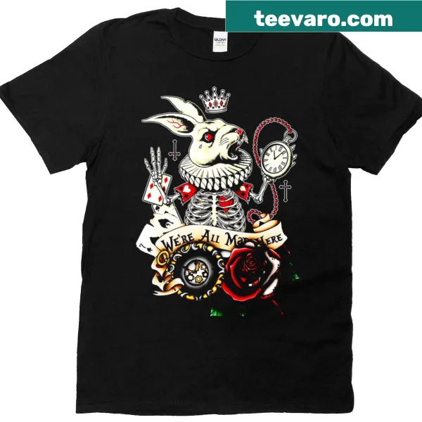 Playful rabbit illustration with 'We Are All Mad Here' text t-shirt