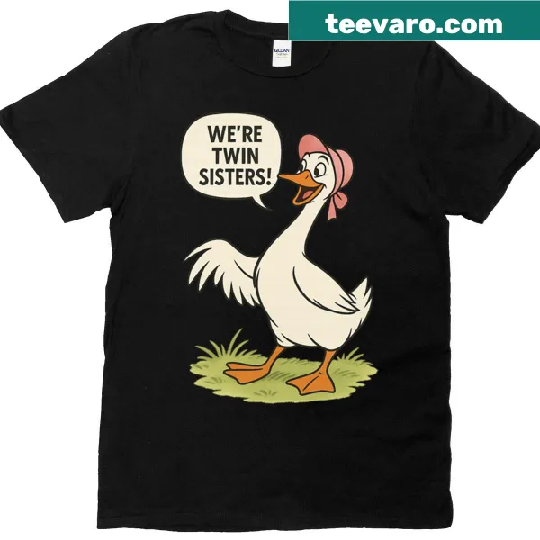 Cute oversized T-shirt featuring cartoon geese for twin sisters