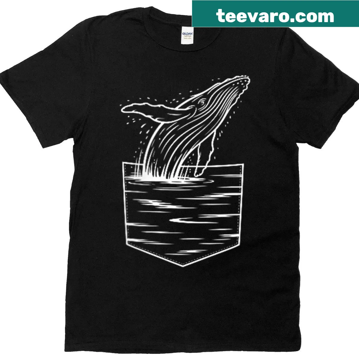 Whale pocket illustration graphic on t-shirt — on a men's t-shirt