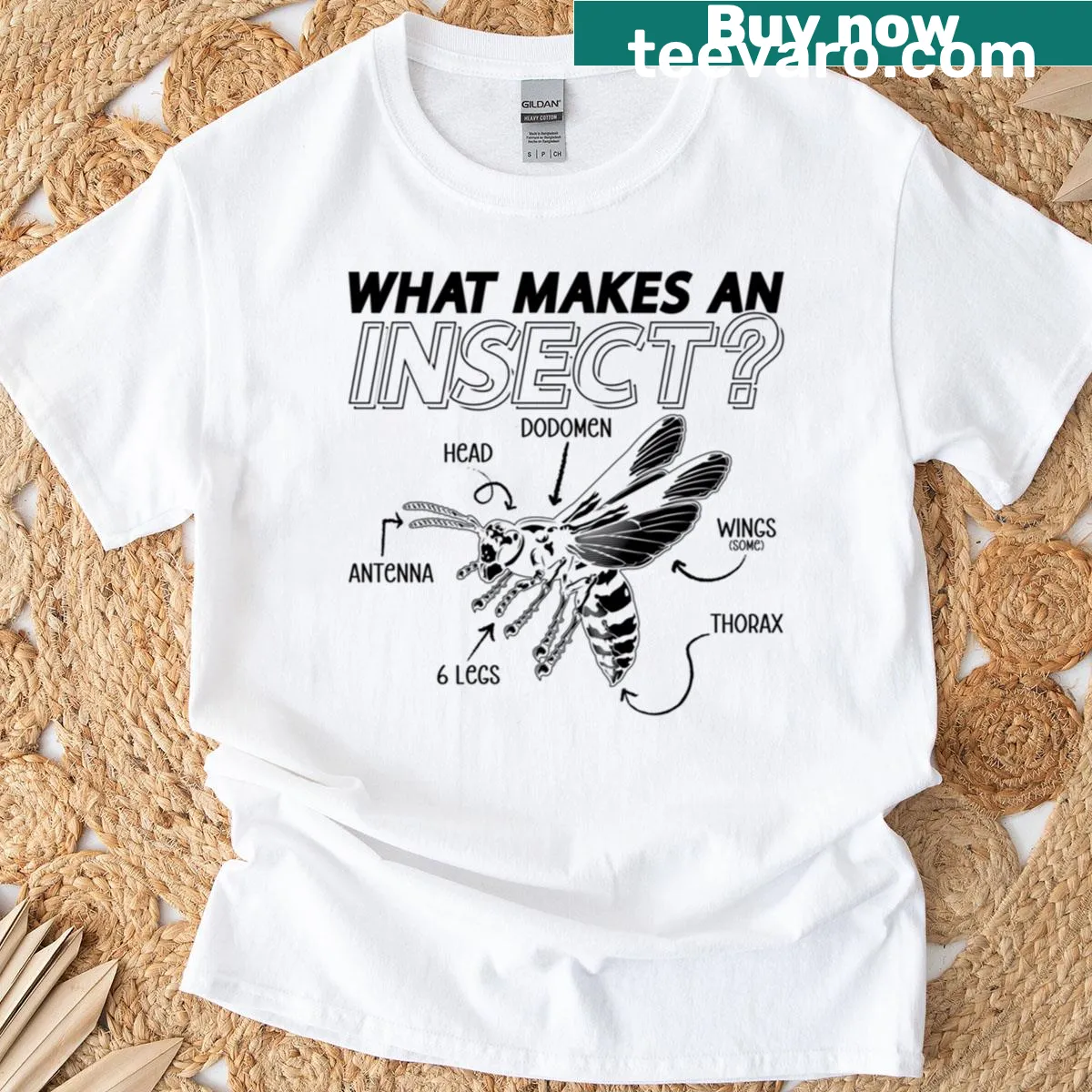 T-shirt featuring insect-themed design and educational text — on a men's t-shirt