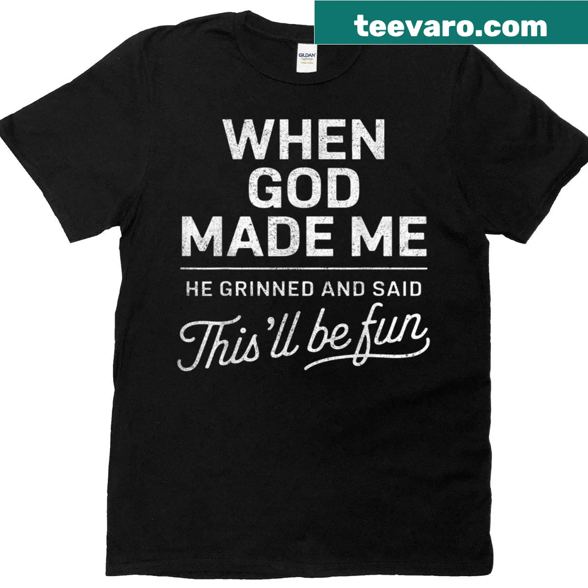 Funny Christian T-shirt with humorous faith message — on a men's t-shirt