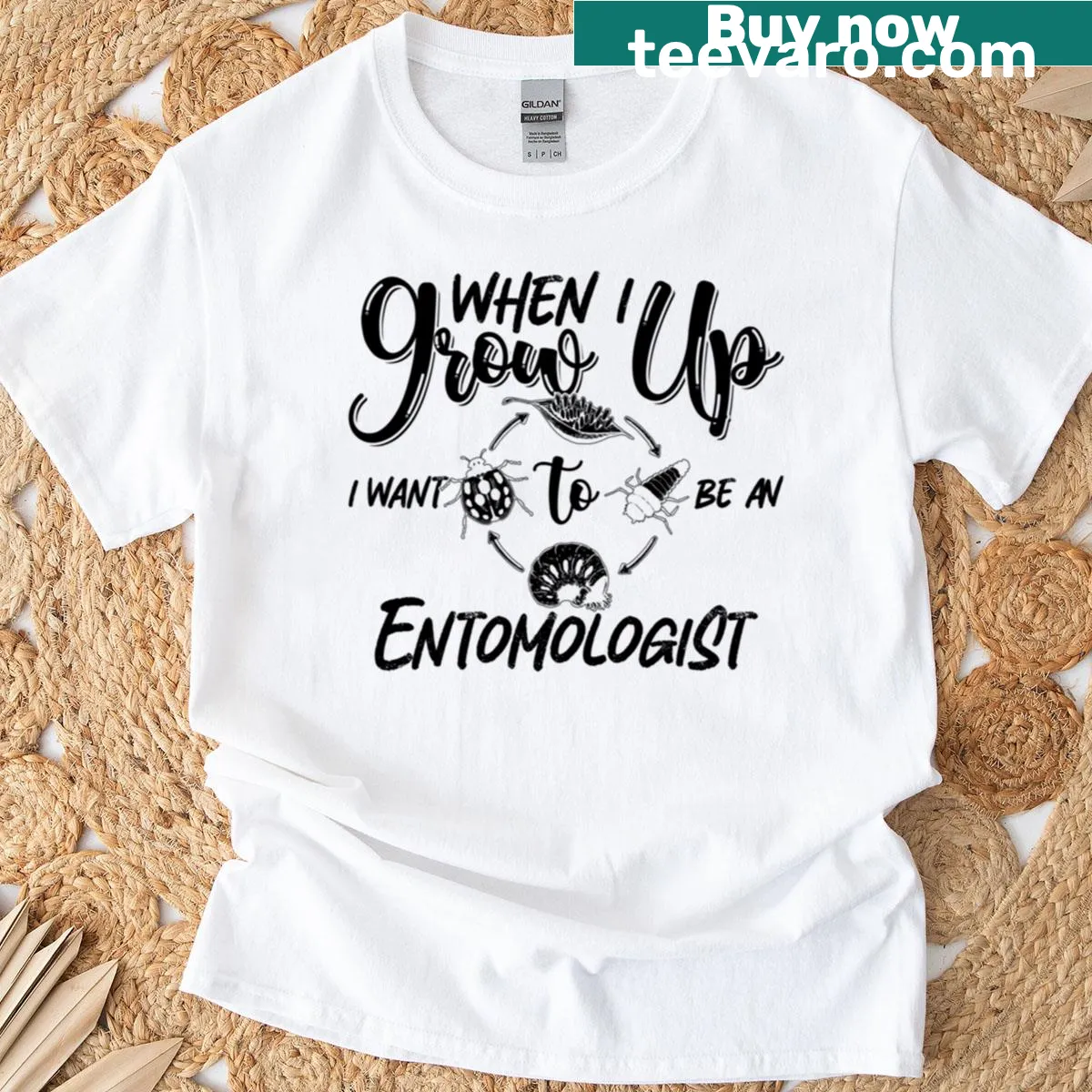 T-shirt with the phrase When I Grow Up I Want Bug Catcher Entomologists in playful typography — on a men's t-shirt