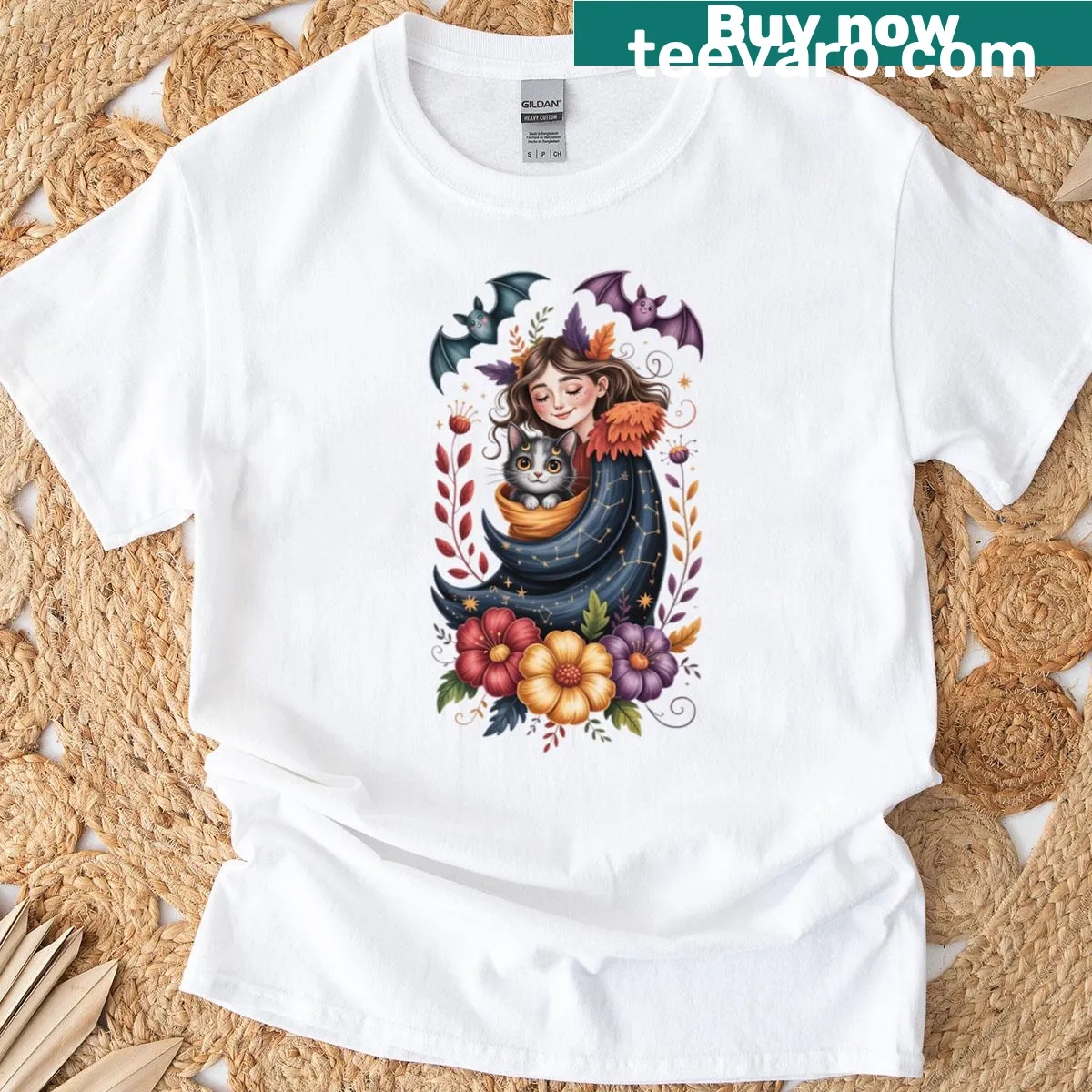 Vintage Halloween t-shirt featuring a whimsical forest spirit and black cat — on a men's t-shirt