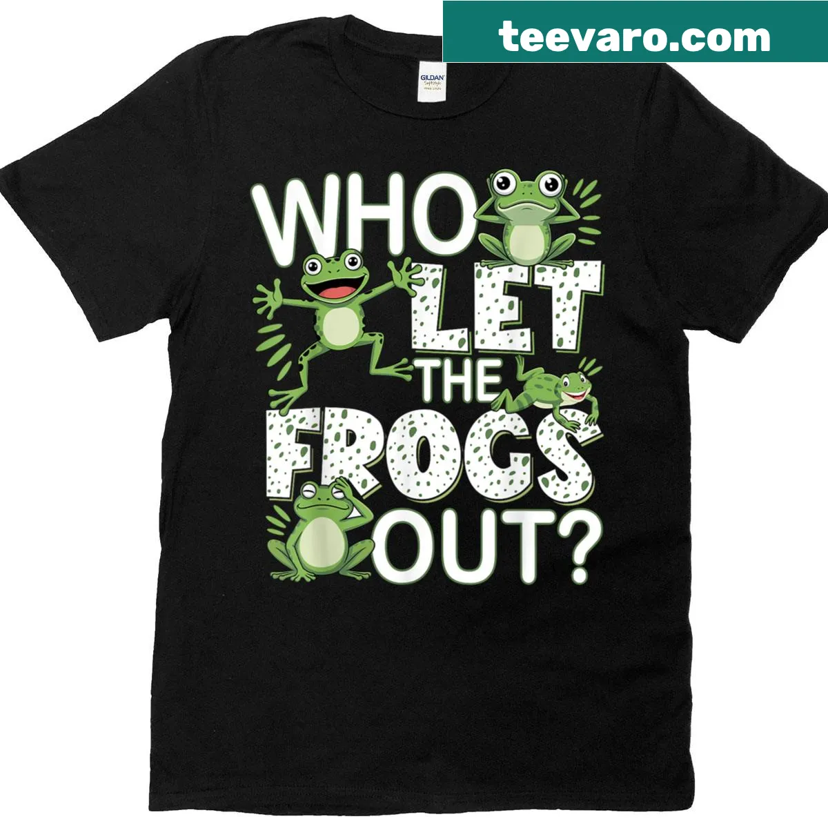Playful T-shirt featuring frogs and humorous text — on a men's t-shirt