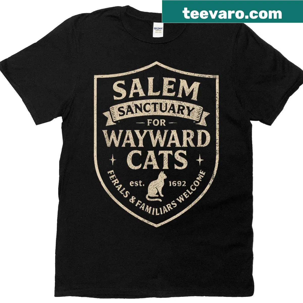 Funny Halloween T-shirt featuring cats and witch elements — on a men's t-shirt