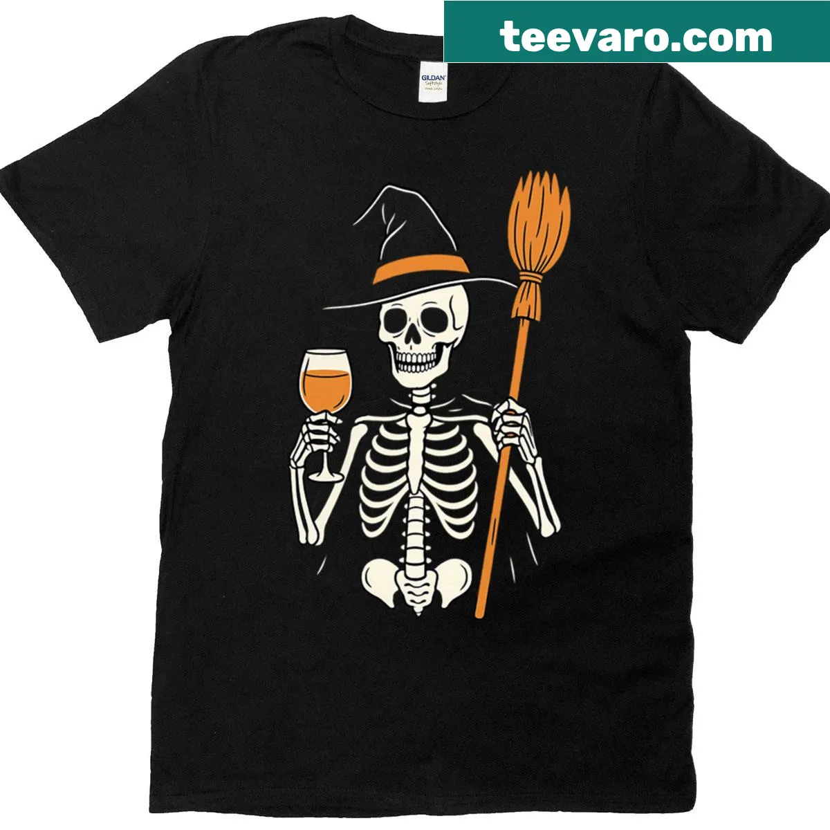 Cute witch skeleton t-shirt with wine glass and broom illustration — on a men's t-shirt