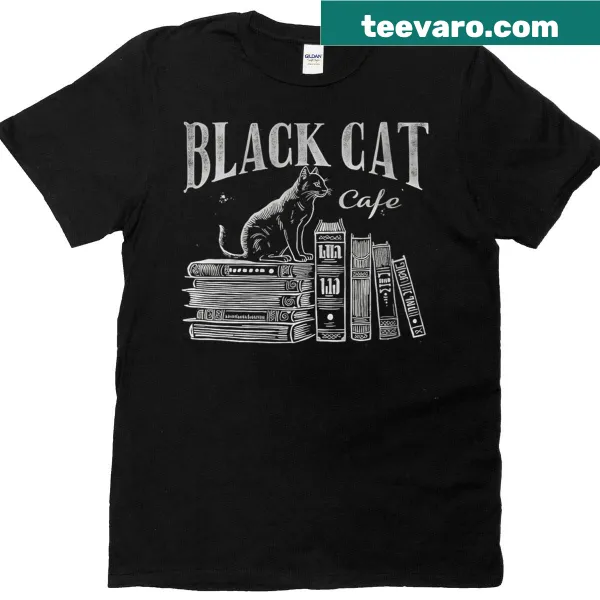 Whimsical black cat with books and Halloween elements illustration