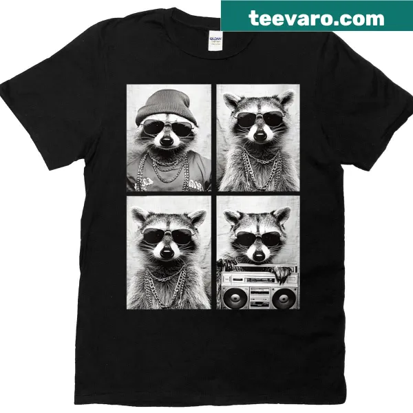 Cartoon gangster raccoons in hip-hop attire on a women's T-shirt
