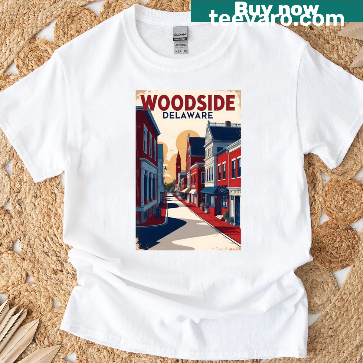 Vintage oversized t-shirt celebrating Woodside, Delaware tourism — on a men's t-shirt
