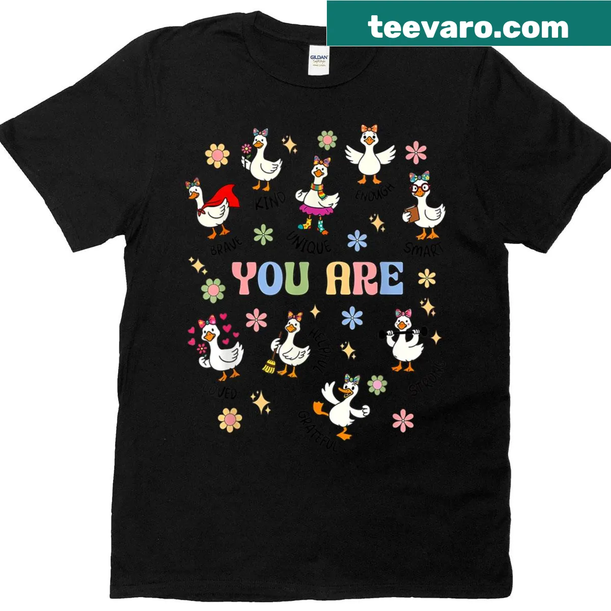 Inspirational teacher t-shirt with positive affirmations and goose illustration — on a men's t-shirt