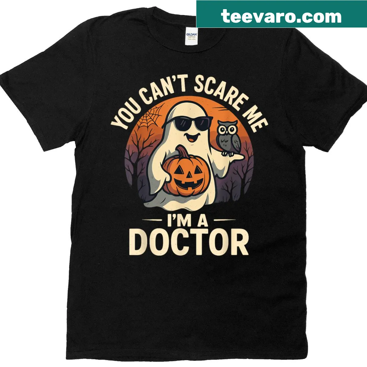 Funny doctor Halloween t-shirt with ghost theme — on a men's t-shirt