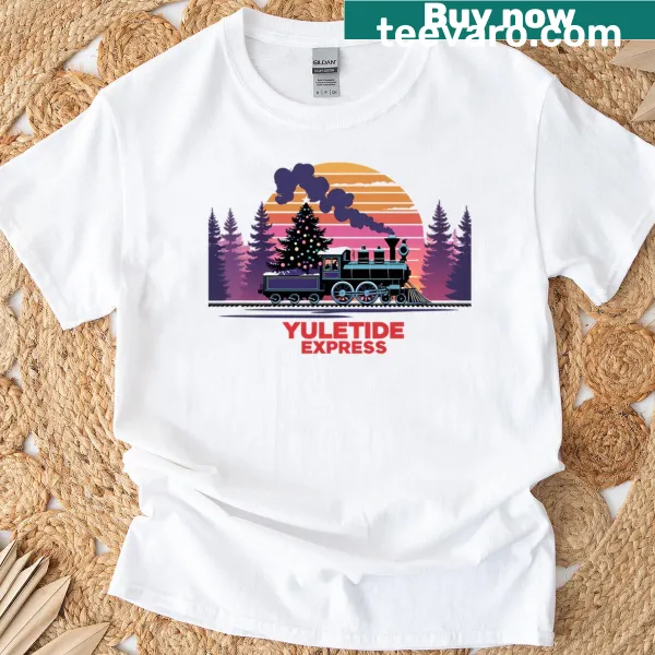 Vintage Christmas train T-shirt in snowy forest setting