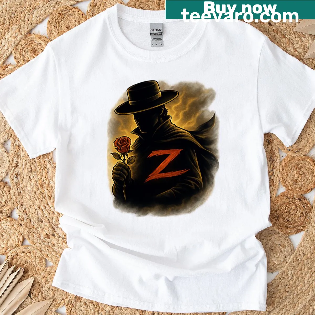 Iconic Zorro design featuring the Z and a bold rose — on a men's t-shirt
