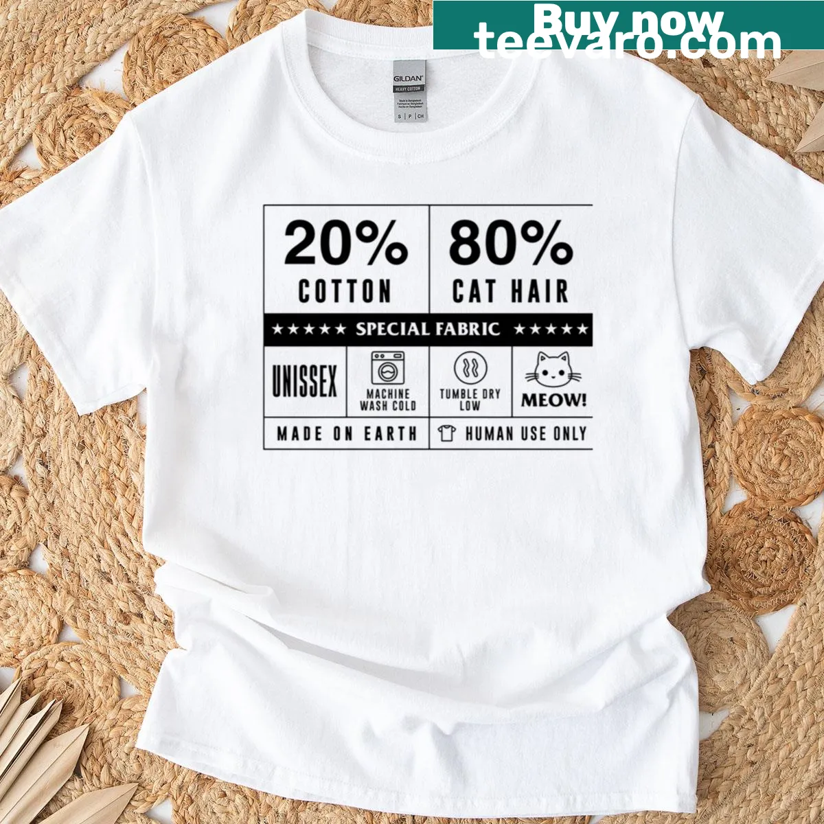 T-shirt stating '20 Cotton 80 Cat Hair' — on a men's t-shirt