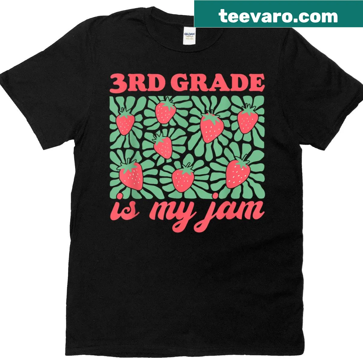 Cute t-shirt for teachers with '3rd Grade Is My Jam' strawberry graphic — on a men's t-shirt