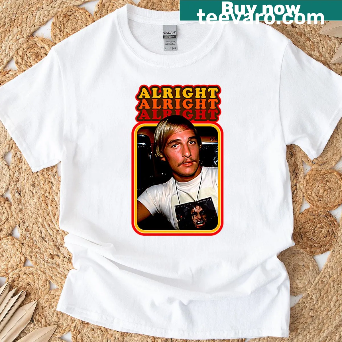 T-shirt featuring the phrase 'Alright Alright Alright' in playful typography — on a men's t-shirt