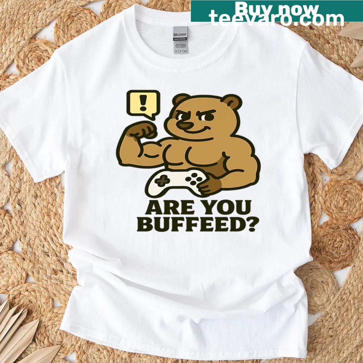 T-shirt featuring the Buffed Bear gaming meme — on a men's t-shirt