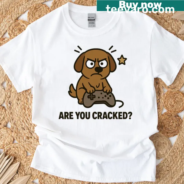 Playful dog meme with text 'Are You Cracked?' for gamers