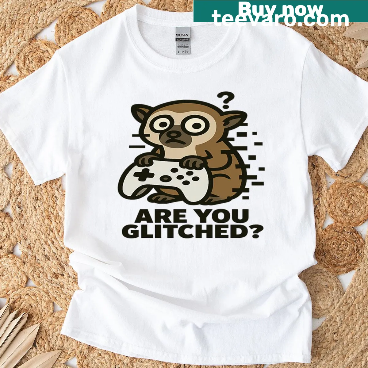 T-shirt featuring a lemur holding a controller with the phrase 'Are You Glitched Bugged Lobby' — on a men's t-shirt