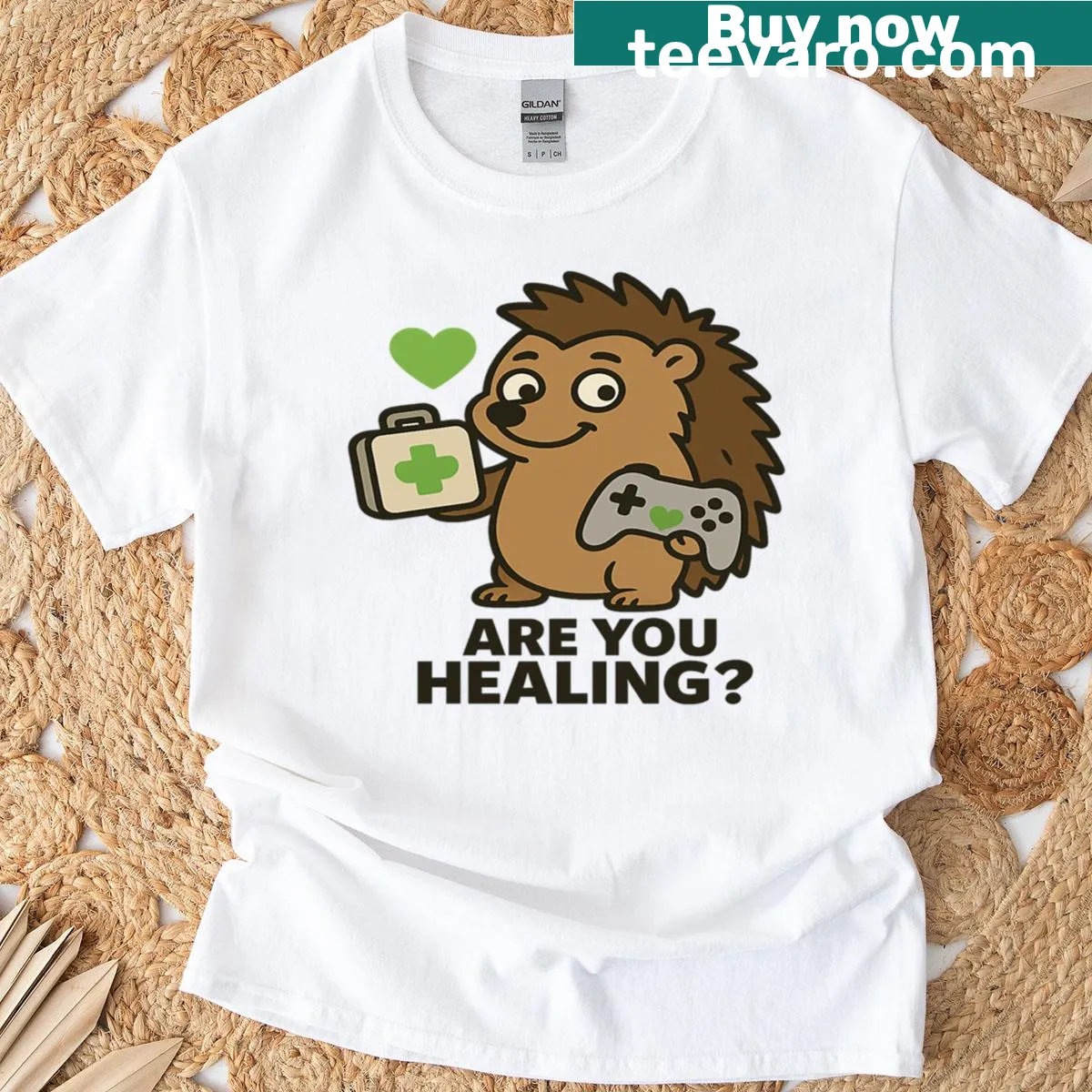 T-shirt featuring a healer hedgehog and the phrase 'Are You Healing?' — on a men's t-shirt