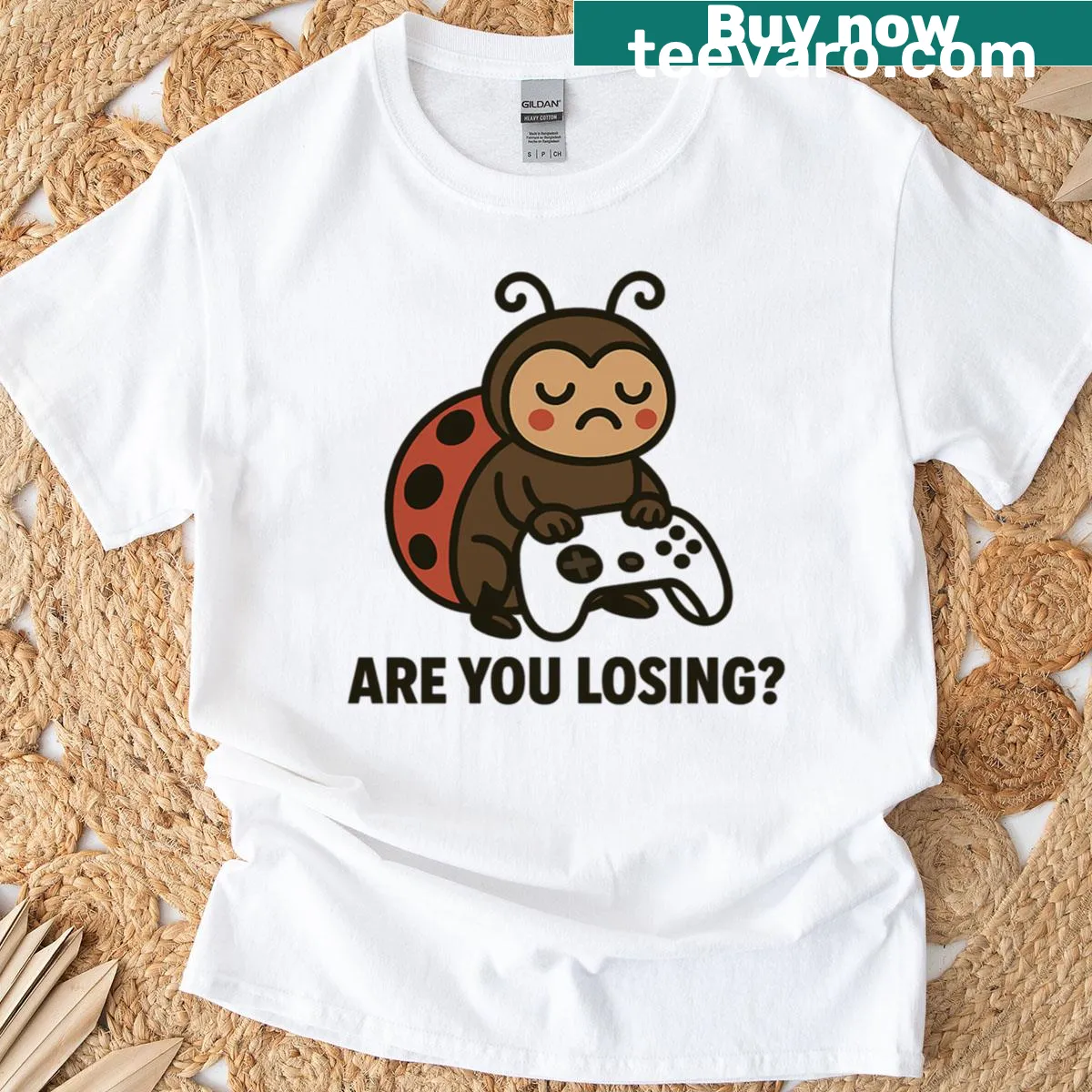 Humorous meme t-shirt featuring a ladybug with a gaming controller — on a men's t-shirt